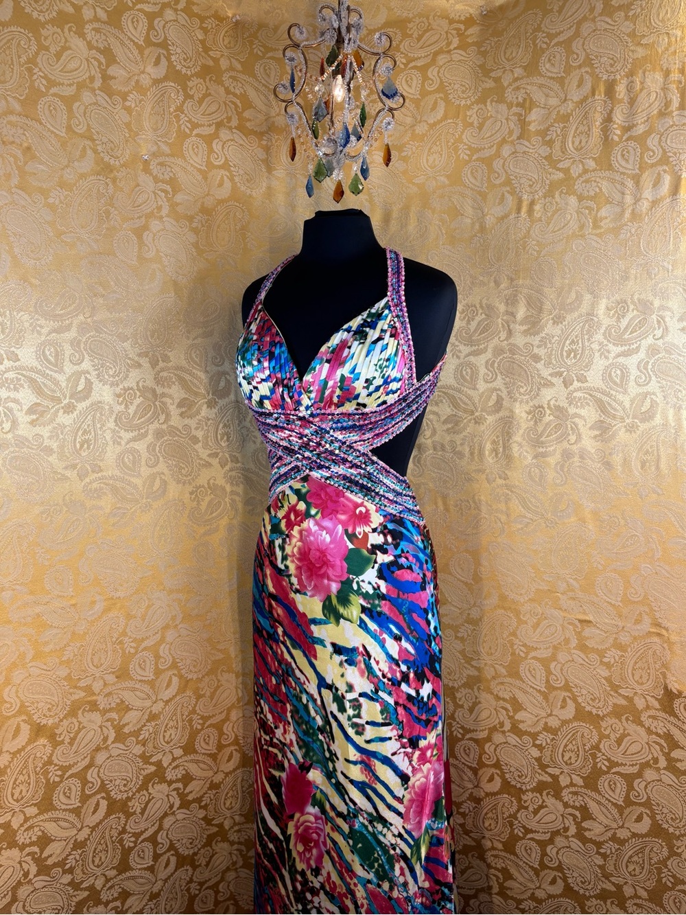 ✨Vintage Y2K Bohemian Beaded Halter Floral & Zebra Prom Dress✨